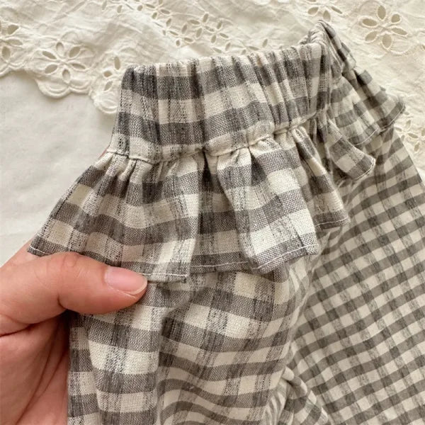 2025 Summer Korean Plaid Pants for Girls – Elastic Waist 9-Point Wooden Ear Trousers - Himpall