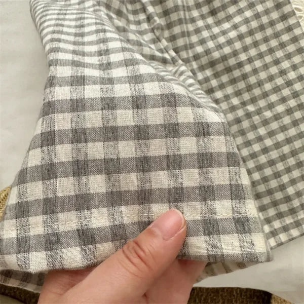 2025 Summer Korean Plaid Pants for Girls – Elastic Waist 9-Point Wooden Ear Trousers - Himpall