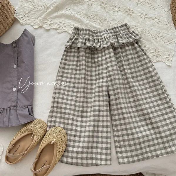 2025 Summer Korean Plaid Pants for Girls – Elastic Waist 9-Point Wooden Ear Trousers - Himpall