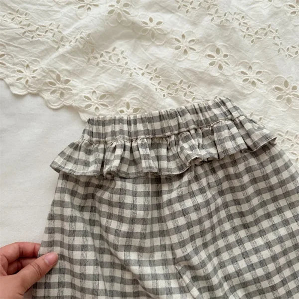 2025 Summer Korean Plaid Pants for Girls – Elastic Waist 9-Point Wooden Ear Trousers - Himpall