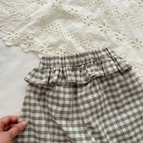 2025 Summer Korean Plaid Pants for Girls – Elastic Waist 9-Point Wooden Ear Trousers - Himpall