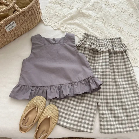 2025 Summer Korean Plaid Pants for Girls – Elastic Waist 9-Point Wooden Ear Trousers - Himpall