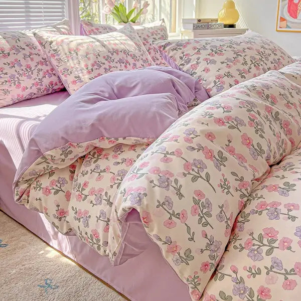 Korean ’Ins Style’ Small Floral Duvet Cover: Washed Cotton Double Yarn Skin-Friendly Bedding - huakaimansu / 180x220cm