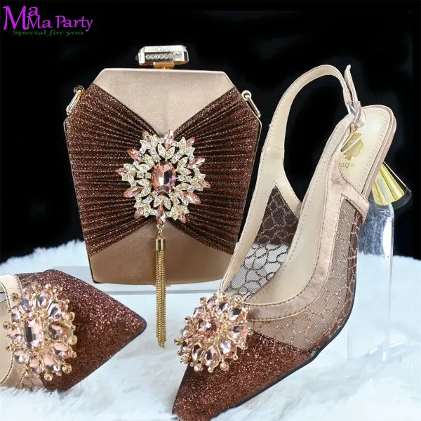 2025 Winter New Arrivals Low Heels in Coffee Italian Women Shoes and Bag Set Elegant Ladies Pointed Toe Pumps