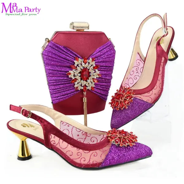 2025 Winter New Arrivals Low Heels in Coffee Italian Women Shoes and Bag Set Elegant Ladies Pointed Toe Pumps