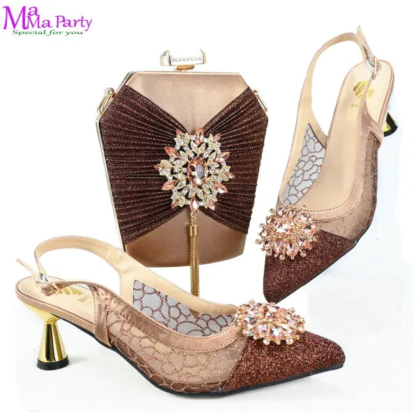 2025 Winter New Arrivals Low Heels in Coffee Italian Women Shoes and Bag Set Elegant Ladies Pointed Toe Pumps