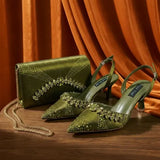 Pointed Toe High Heels Crafted PU Olive Party Shoes