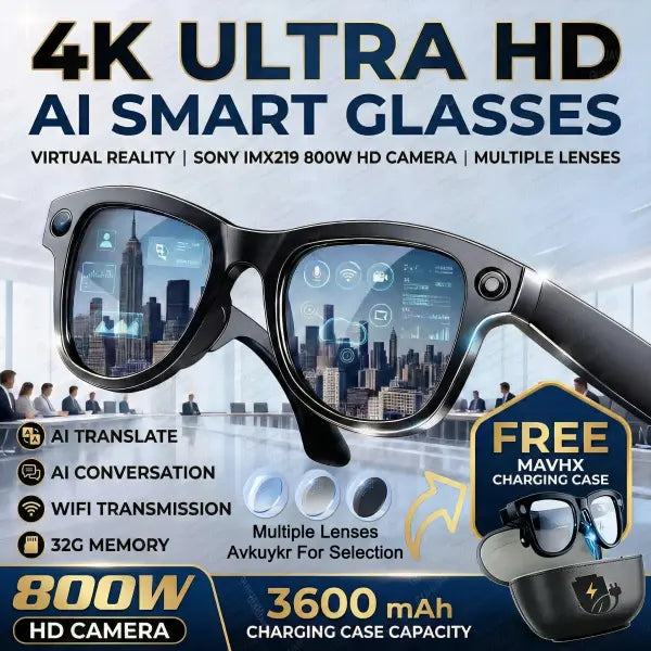 Smart glasses men 800W 4K camera 3600mAh power bank for translation