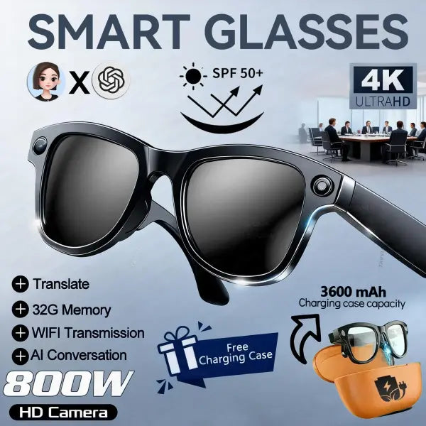Smart glasses men 800W 4K camera 3600mAh power bank for translation - Black Sunglasses B