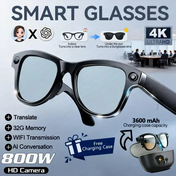 Smart glasses men 800W 4K camera 3600mAh power bank for translation - Black Color change