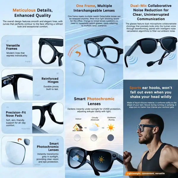 Smart glasses men 800W 4K camera 3600mAh power bank for translation