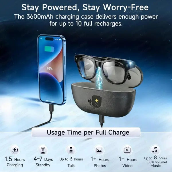 Smart glasses men 800W 4K camera 3600mAh power bank for translation