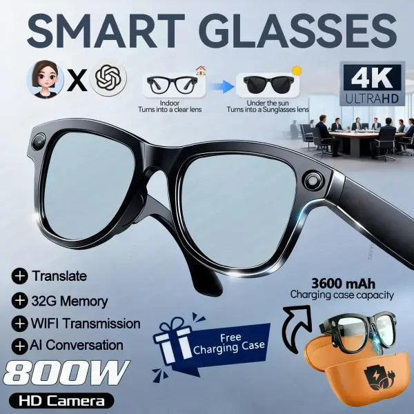 Smart glasses men 800W 4K camera 3600mAh power bank for translation - Lens B