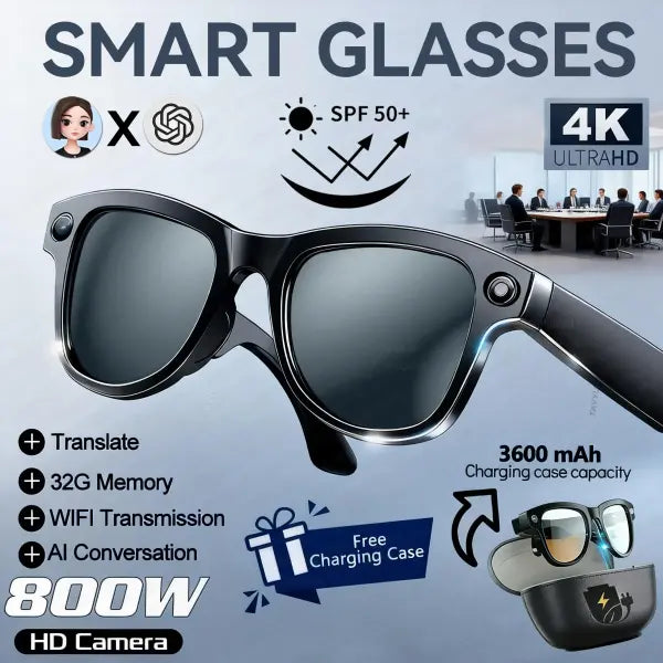 Smart glasses men 800W 4K camera 3600mAh power bank for translation - Black Sunglasses