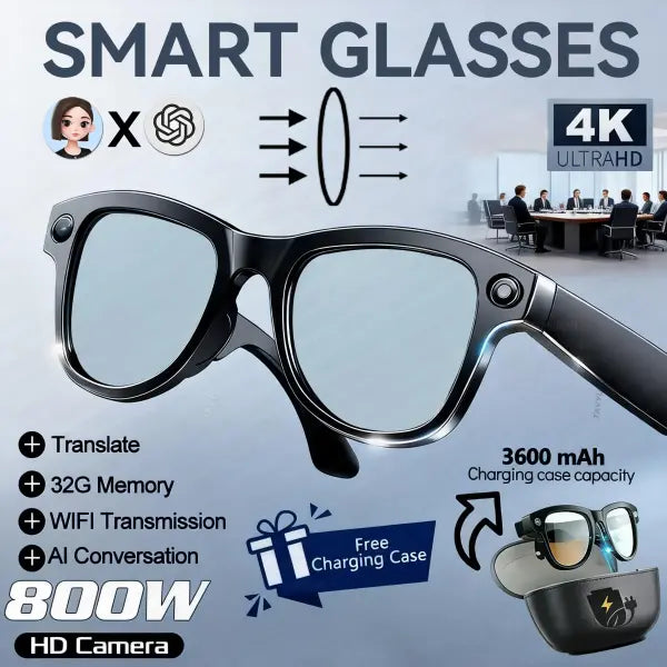 Smart glasses men 800W 4K camera 3600mAh power bank for translation - Black Blue Light