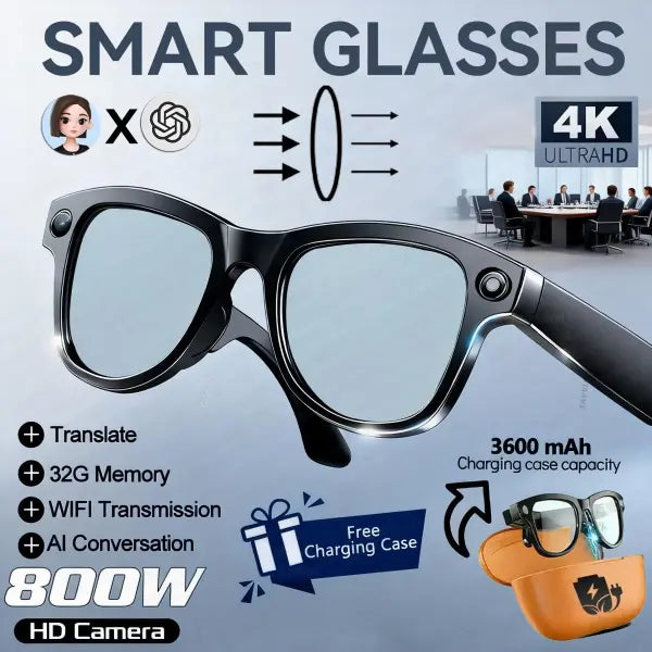 Smart glasses men 800W 4K camera 3600mAh power bank for translation - Black Blue Light B
