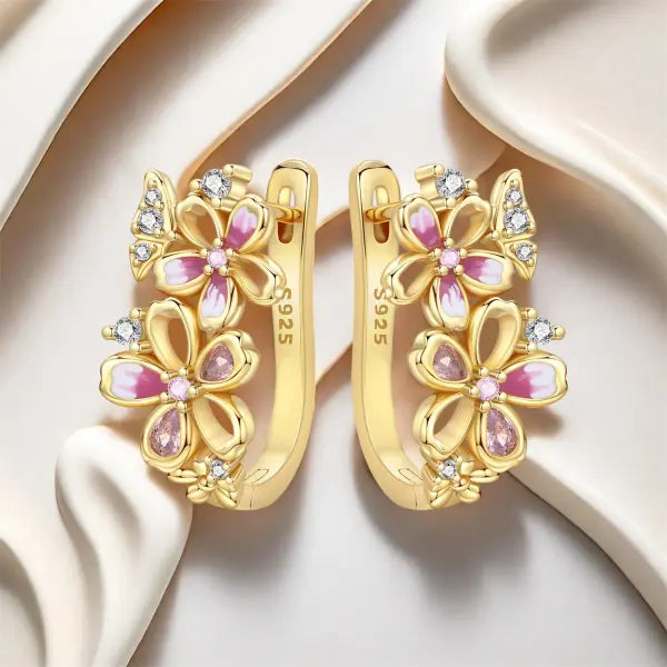 Cherry Blossom Butterfly Sterling Silver 18K Gold Plated Earrings for Party Wear