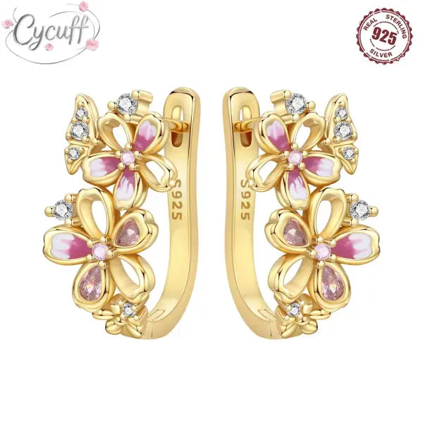 Cherry Blossom Butterfly Sterling Silver 18K Gold Plated Earrings for Party Wear