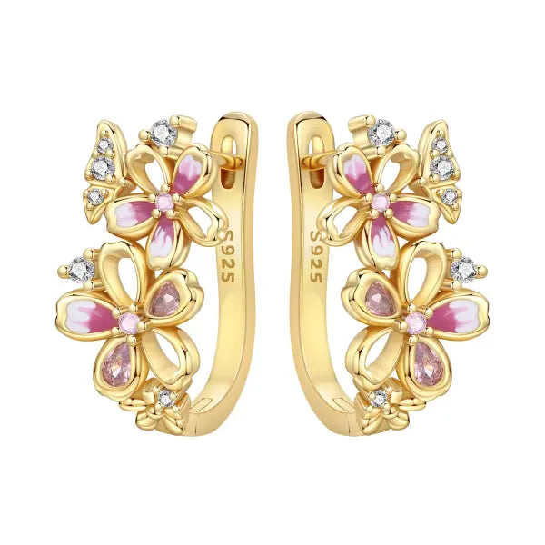 Cherry Blossom Butterfly Sterling Silver 18K Gold Plated Earrings for Party Wear - OTE4124
