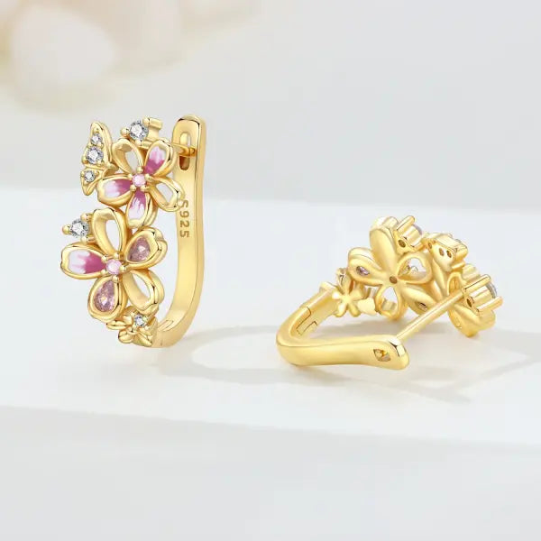 Cherry Blossom Butterfly Sterling Silver 18K Gold Plated Earrings for Party Wear