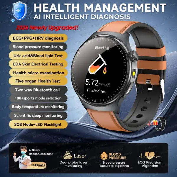 Dynamic monitoring uric acid blood smartwatch for fitness - Brown Leather / Health Manager