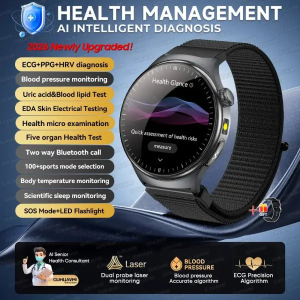 Dynamic monitoring uric acid blood smartwatch for fitness - Black nylon / Health Manager