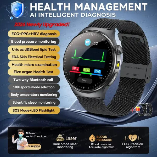 Dynamic monitoring uric acid blood smartwatch for fitness - Black Mesh Belt 2A / Health Manager