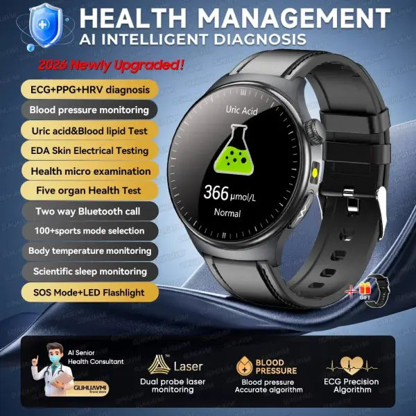 Dynamic monitoring uric acid blood smartwatch for fitness - Black Leather / Health Manager