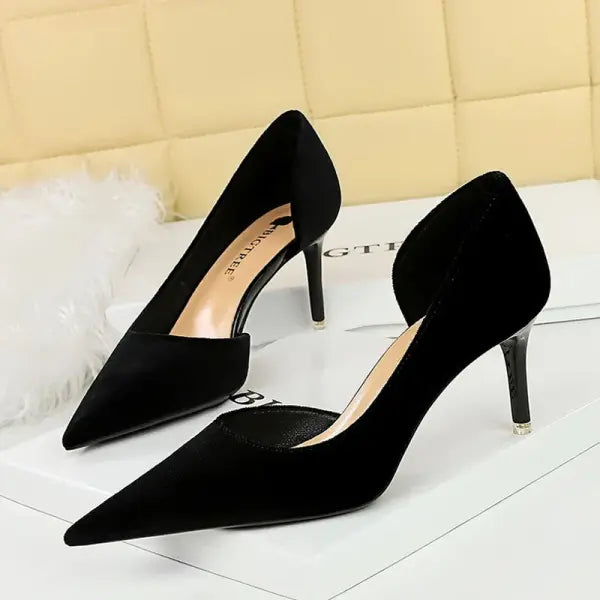2026 New Arrivals Women 11cm Thin Heels Corduroy Pumps Lady Wedding Bridal Heels Side Hollowing Shoes - Black 7.5CM / 37