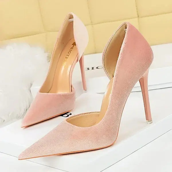 2026 New Arrivals Women 11cm Thin Heels Corduroy Pumps Lady Wedding Bridal Heels Side Hollowing Shoes - Pink 10.5CM / 35