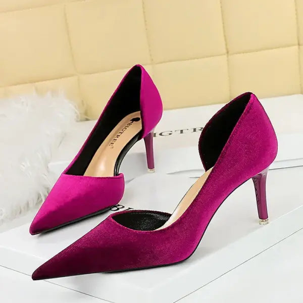 2026 New Arrivals Women 11cm Thin Heels Corduroy Pumps Lady Wedding Bridal Heels Side Hollowing Shoes - Purple 7.5CM
