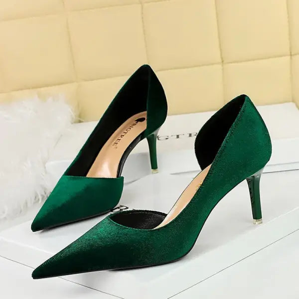 2026 New Arrivals Women 11cm Thin Heels Corduroy Pumps Lady Wedding Bridal Heels Side Hollowing Shoes - Green 7.5CM / 35