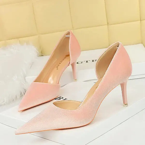2026 New Arrivals Women 11cm Thin Heels Corduroy Pumps Lady Wedding Bridal Heels Side Hollowing Shoes - Pink 7.5CM / 35