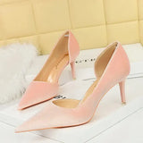 2026 New Arrivals Women 11cm Thin Heels Corduroy Pumps Lady Wedding Bridal Heels Side Hollowing Shoes - Pink 7.5CM / 35