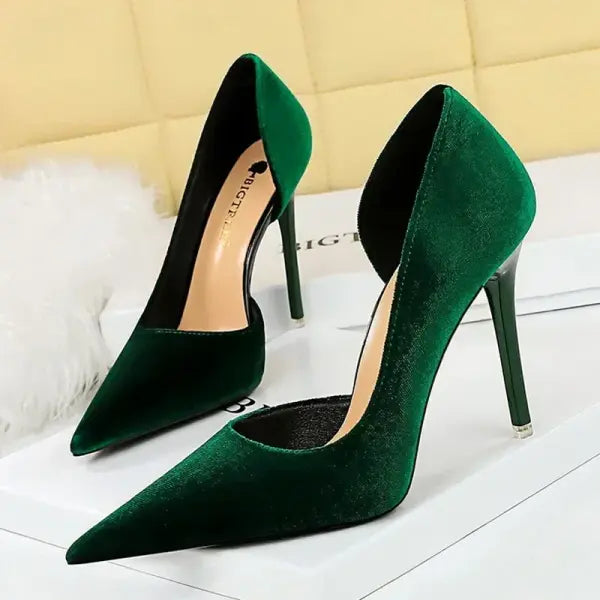 2026 New Arrivals Women 11cm Thin Heels Corduroy Pumps Lady Wedding Bridal Heels Side Hollowing Shoes - Green 10.5CM