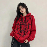 Red Spider Web Long Sleeved Hooded Sweater Polyester Loose Daily Wear