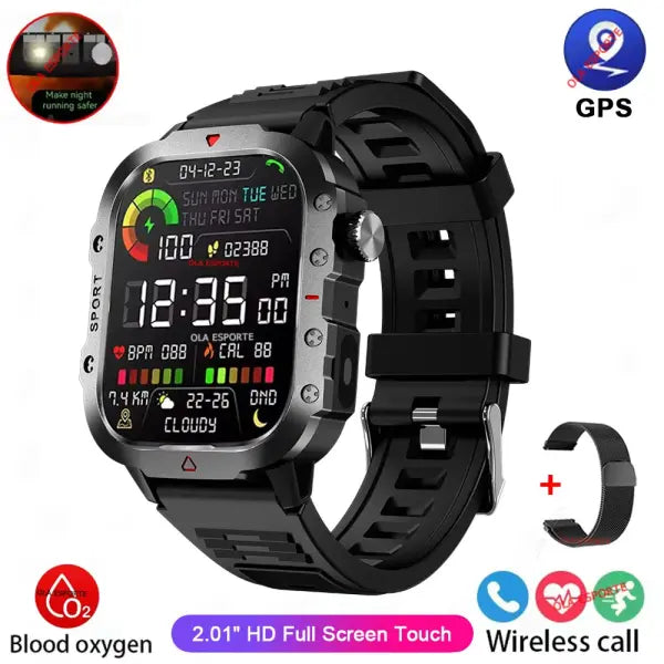 Rugged military smart watch LED flashlight for outdoor adventure - Black Milan 2.01