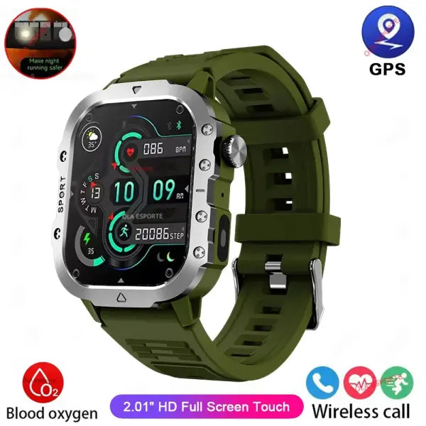 Rugged military smart watch LED flashlight for outdoor adventure - Green 2.01