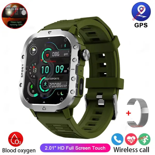 Rugged military smart watch LED flashlight for outdoor adventure - Green BkMilan 2.01