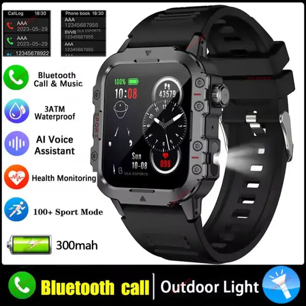 Rugged military smart watch LED flashlight for outdoor adventure - Black 1.44