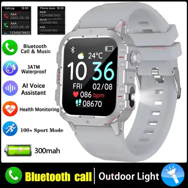 Rugged military smart watch LED flashlight for outdoor adventure - Silver 1.44