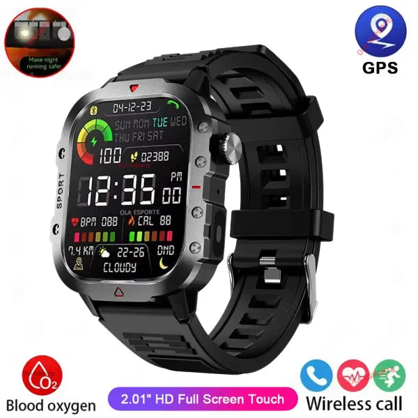 Rugged military smart watch LED flashlight for outdoor adventure - Black 2.01