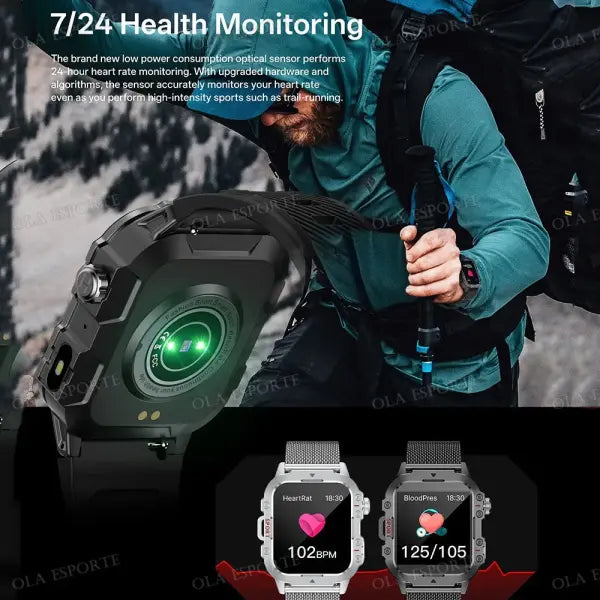 Rugged military smart watch LED flashlight for outdoor adventure