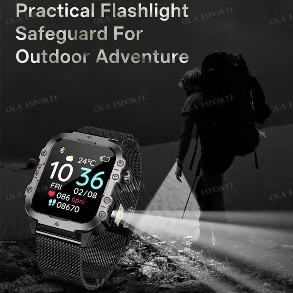 Rugged military smart watch LED flashlight for outdoor adventure