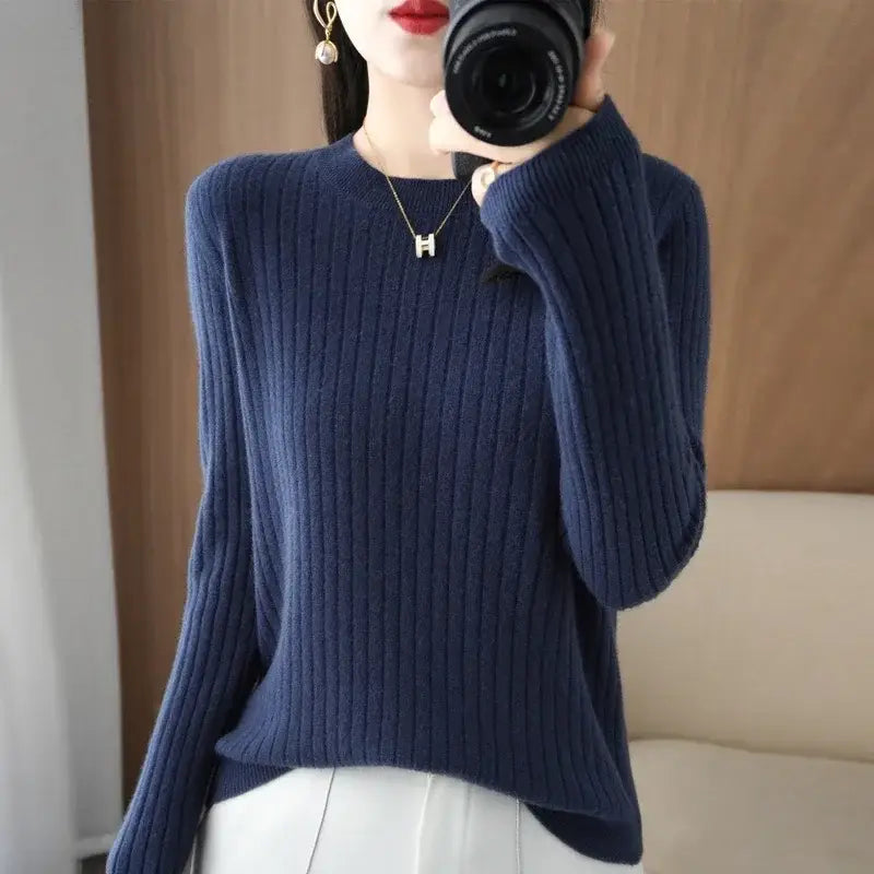 Medium fabric weight women sweaters for Korean fashion warmth - Navy Blue / S