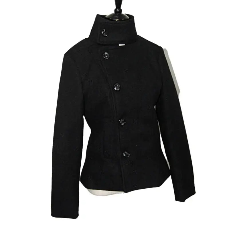 Minimalist retro stand asymmetrical button coat slim fit winter - black / S