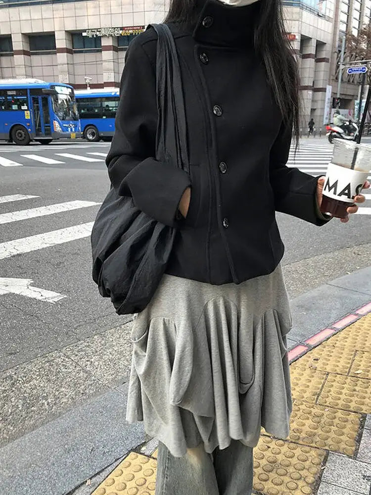 Minimalist retro stand asymmetrical button coat slim fit winter