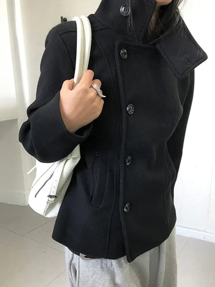 Minimalist retro stand asymmetrical button coat slim fit winter