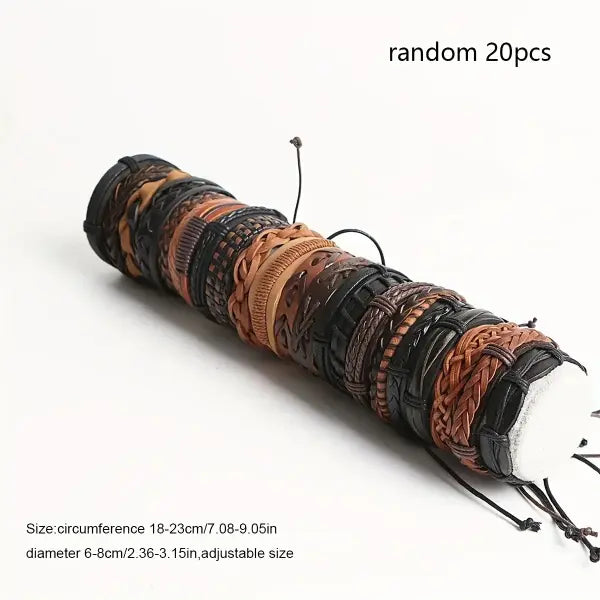20Pcs Braided Leather Bracelets – Handmade Wrap Wood Beads Cuff Wristbands for Men & Women Ethnic Tribal Style