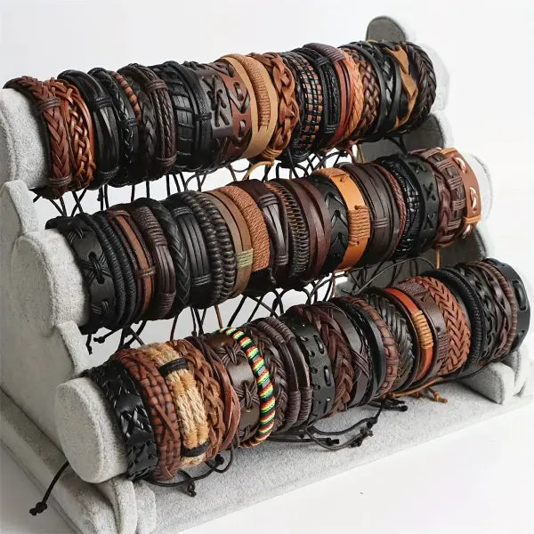20Pcs Braided Leather Bracelets – Handmade Wrap Wood Beads Cuff Wristbands for Men & Women Ethnic Tribal Style